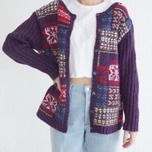Vintage Villager Sport Purple Fair Isle Patchwork Button Front Knit Cardigan XL